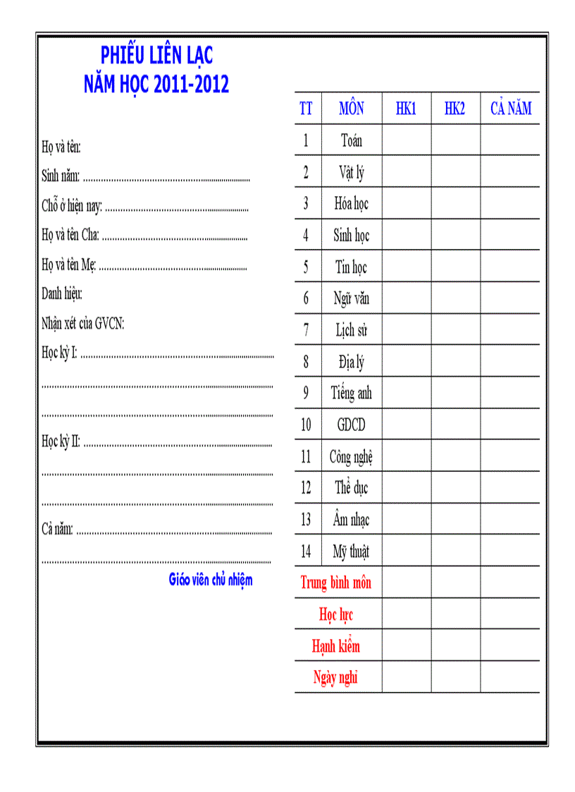 Phiếu Liên lạc Trang chính