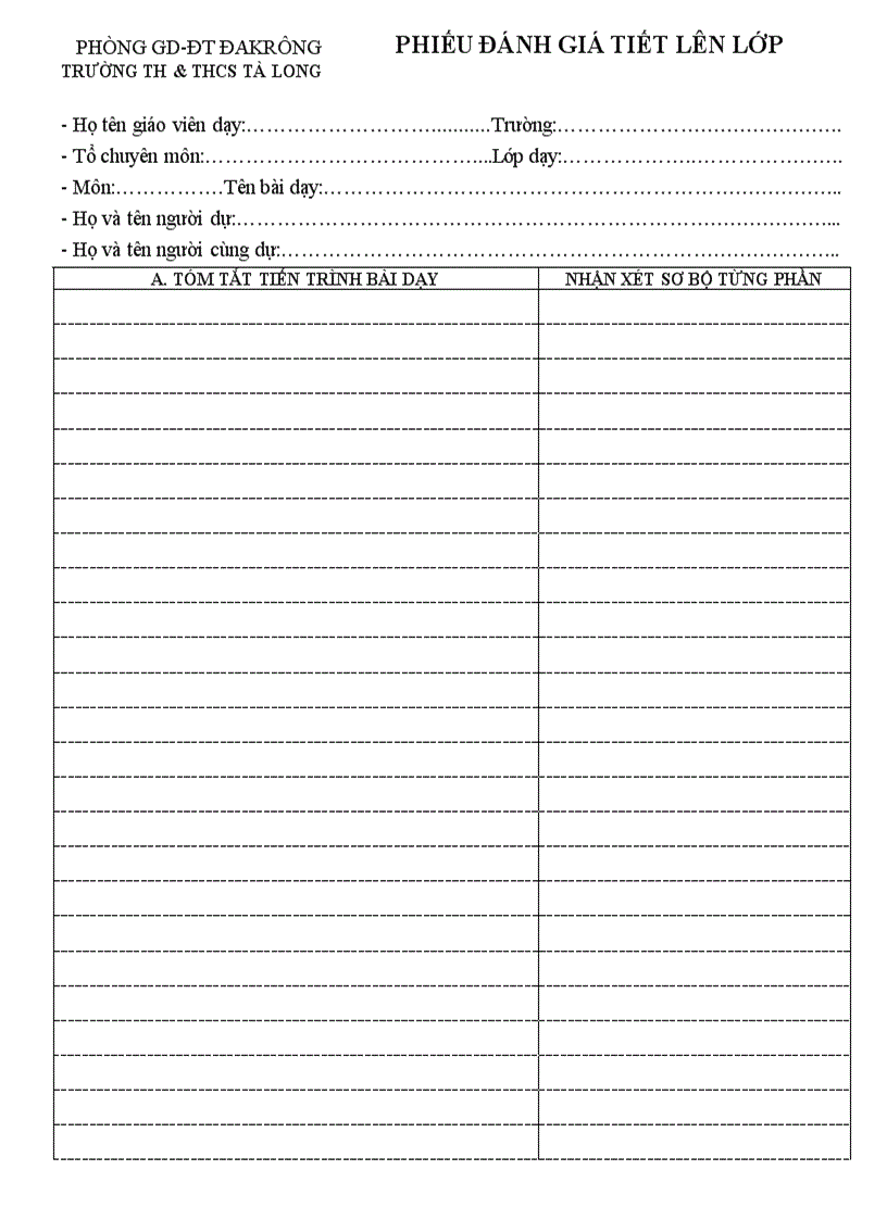 Phiếu đánh giá tiết dạy thcs