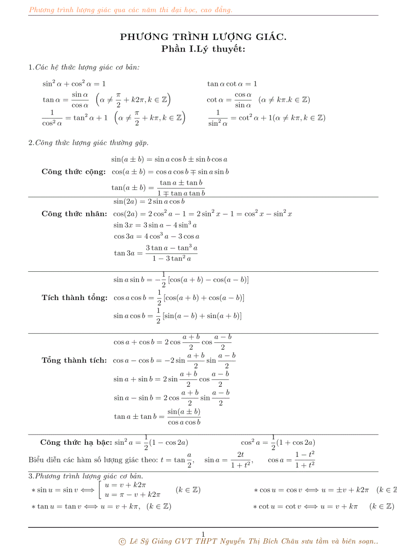 Phương trình lượng giác chính thức và dự bị