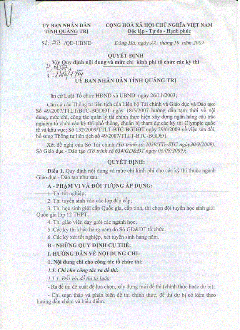 QD 2158 ve định mức chi các kỳ thi