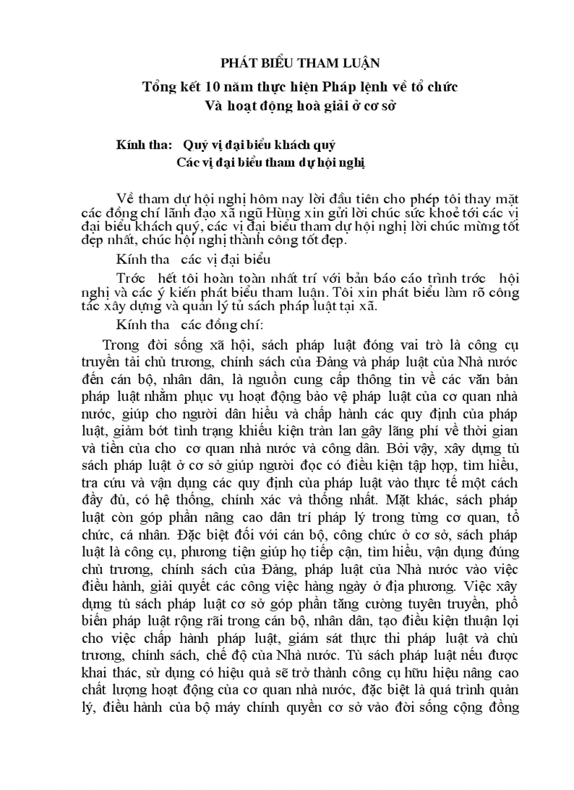 PHÁT BIEU THAM LUÂN Tổng kết 10 năm thực hiện pháp lệnh về tổ chức và hoạt động hoà giải cơ sở