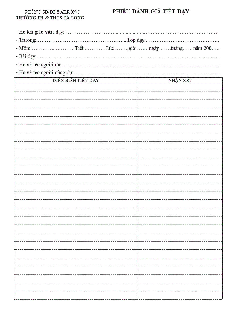 Phiếu đánh giá tiết dạy th