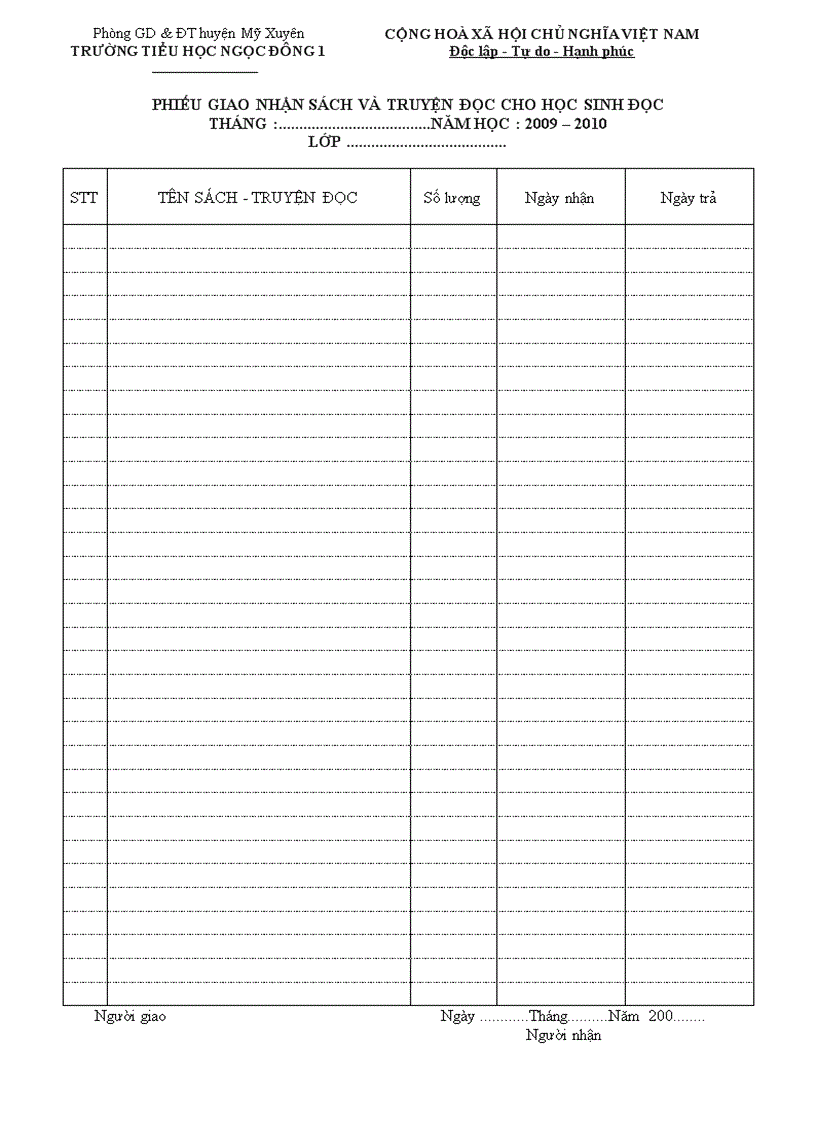 Phiếu giao nhận đọc sách truyện của thư viện