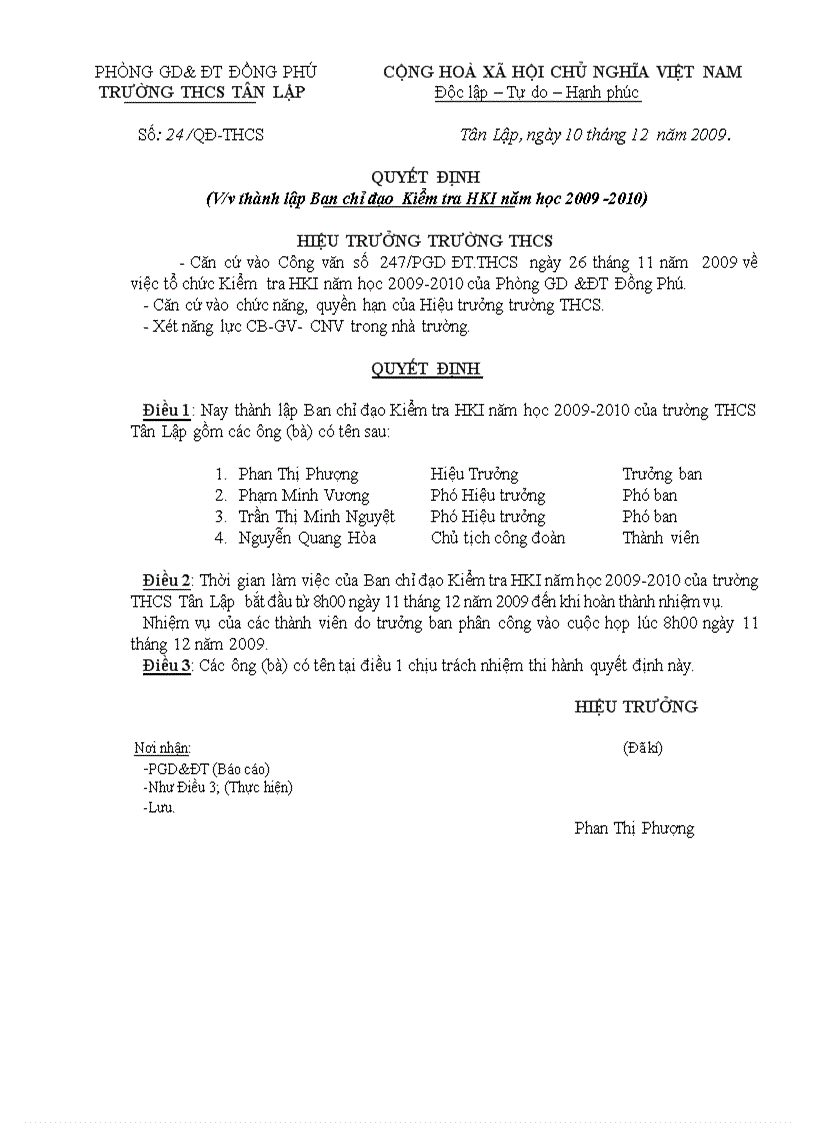 QĐ thành lập BCĐ thi HKI 2009 2010