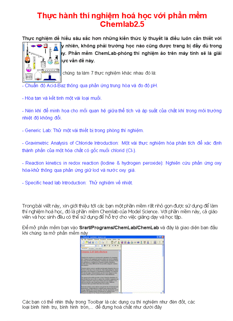 Phần mềm mô tả các thí nghiệm HÓA HỌC ChemLab