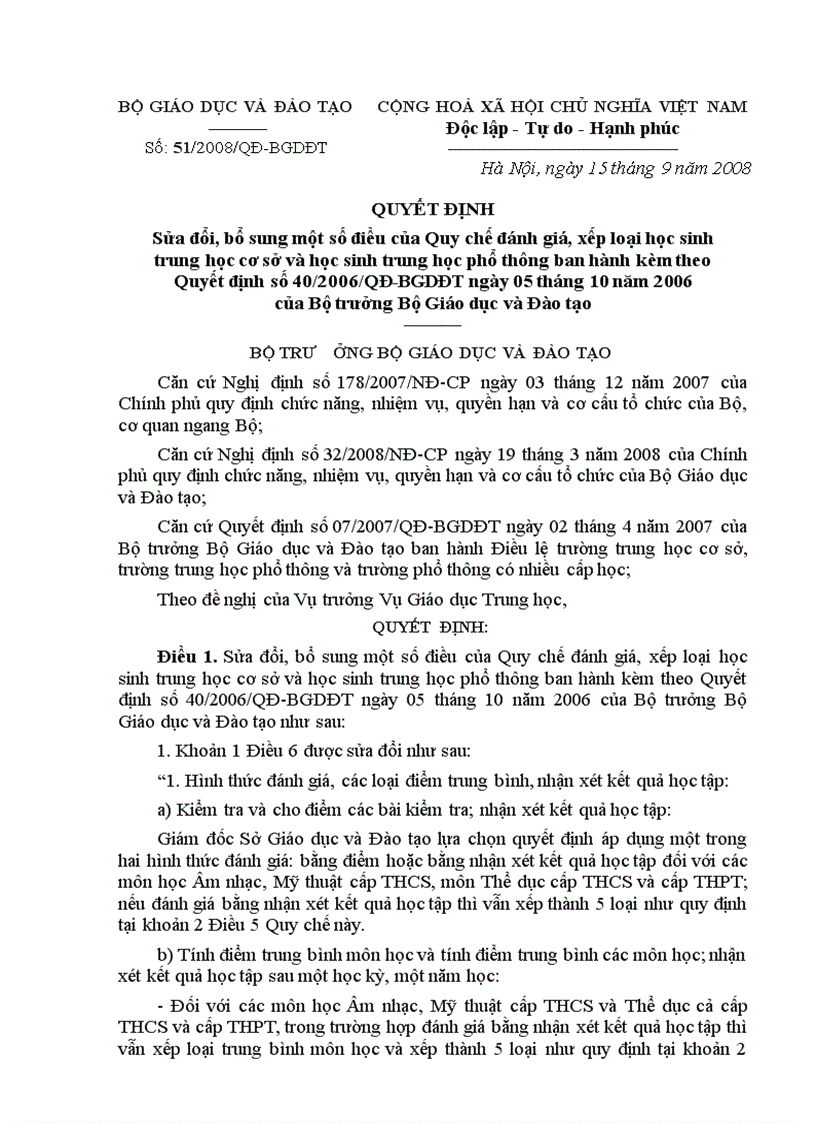 QĐ 51 Sửa đổi bổ sung một số điều của Quy chế đánh giá xếp loại học sinh trung học cơ sở và học sinh trung học phổ thông