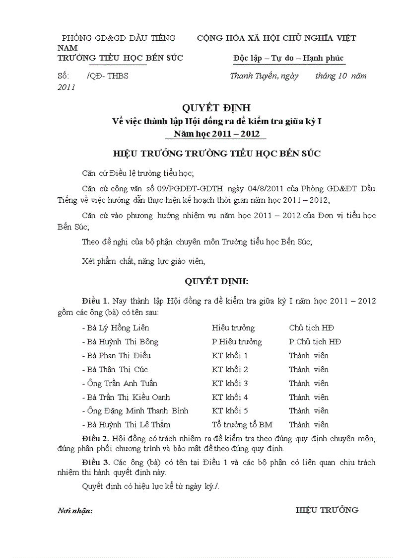 QĐ thành lập HĐ ra đề KTGKI 11 12