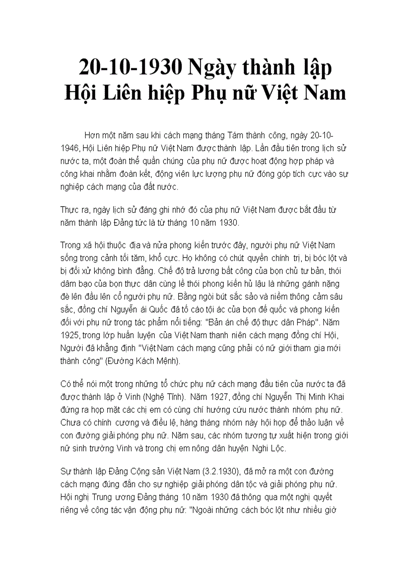 Ngày thành lập hlhpn niệt nam 20 10