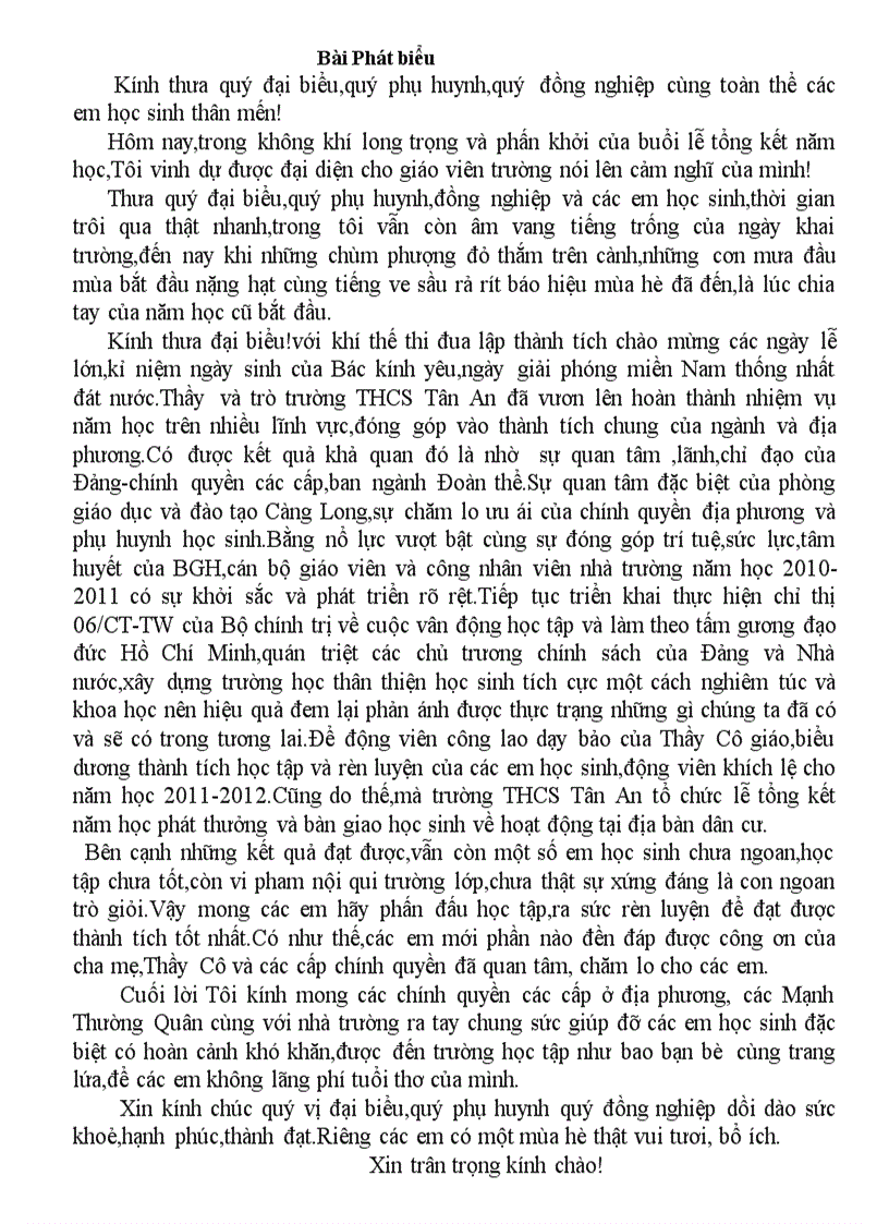 Phát biểu của giáo viên nhân lễ tổng kết năm học