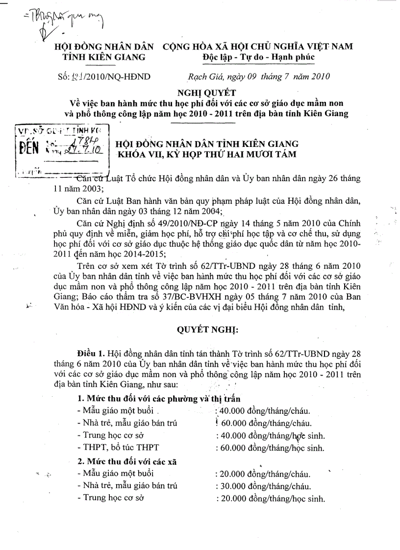NQ121 HDND tinh thu hoc phi nam hoc 2010 2011