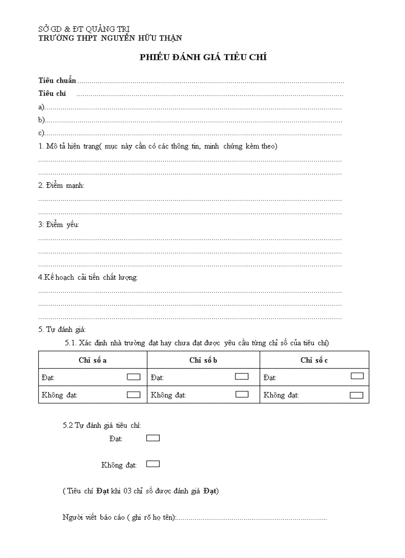 Phiếu đánh giá các tiêu chí