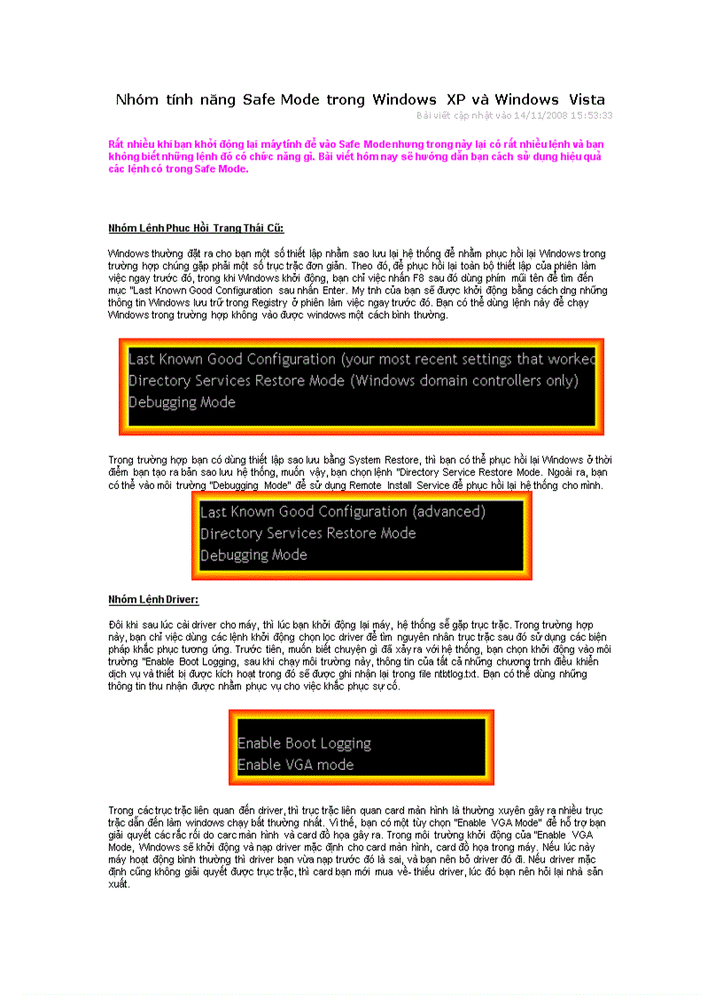 Nhóm tính năng Safe Mode trong Windows XP và Windows Vista