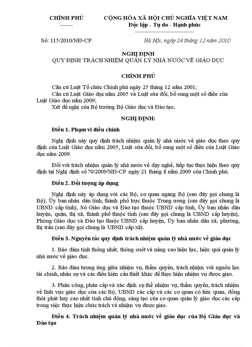 Nghị định 115 của thủ tướng chính phủ về qlnn về gd