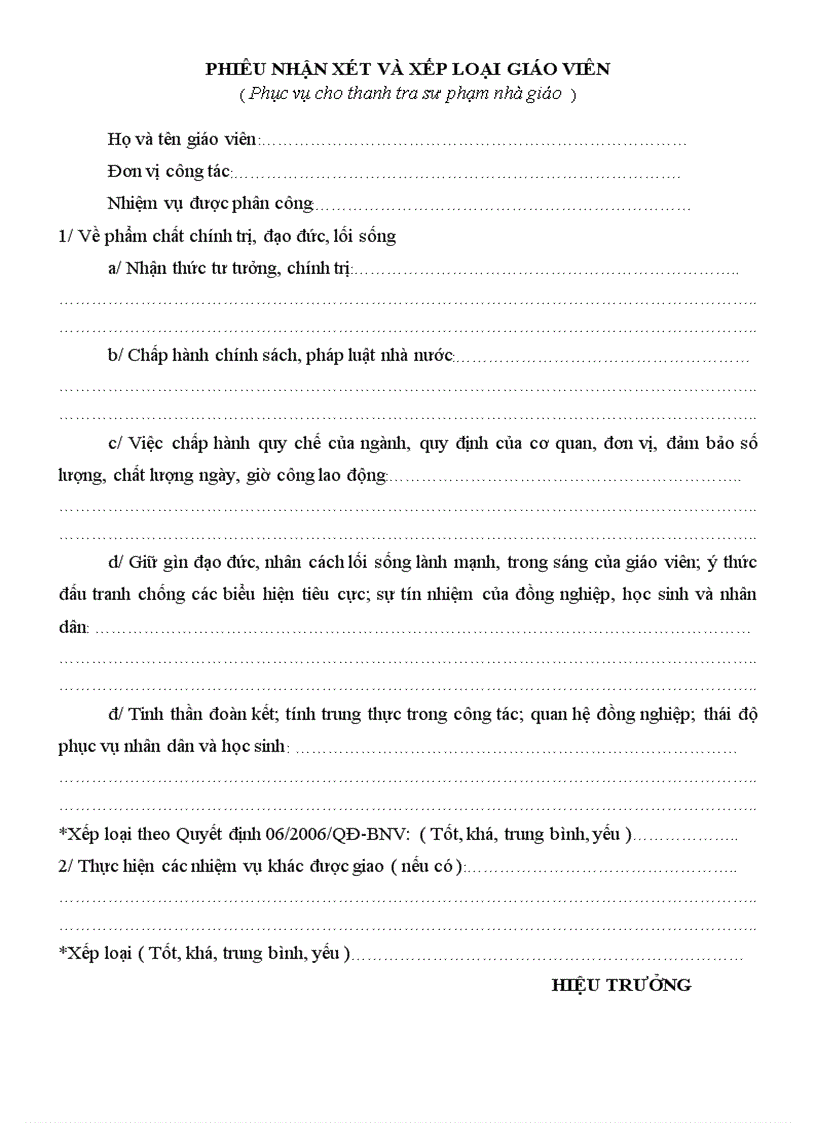 Phiếu nhận xét đánh giá giáo viên