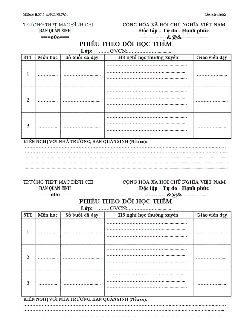 Phiếu theo dõi học thêm