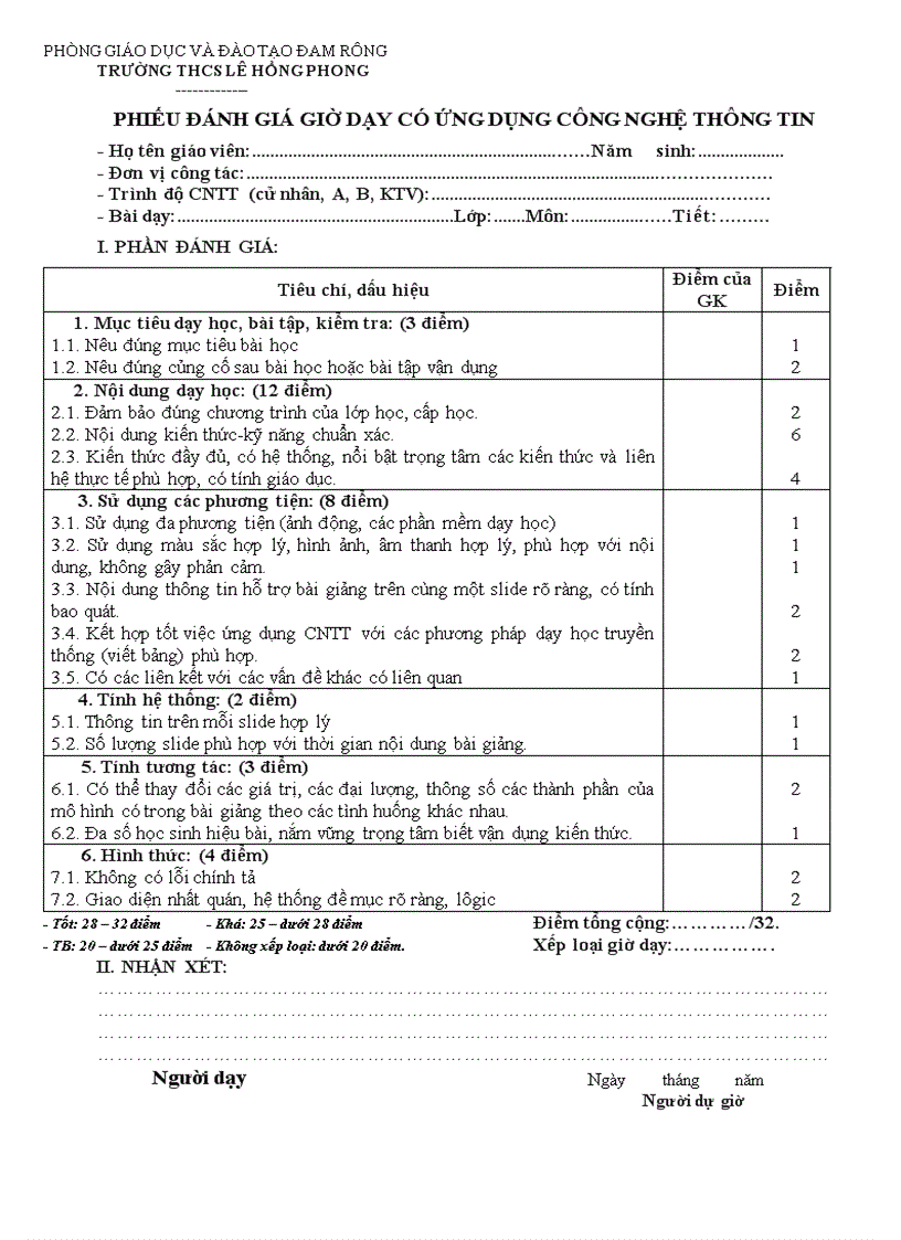Phiếu đánh giá tiết dạy có ứng dụng CNTT 1
