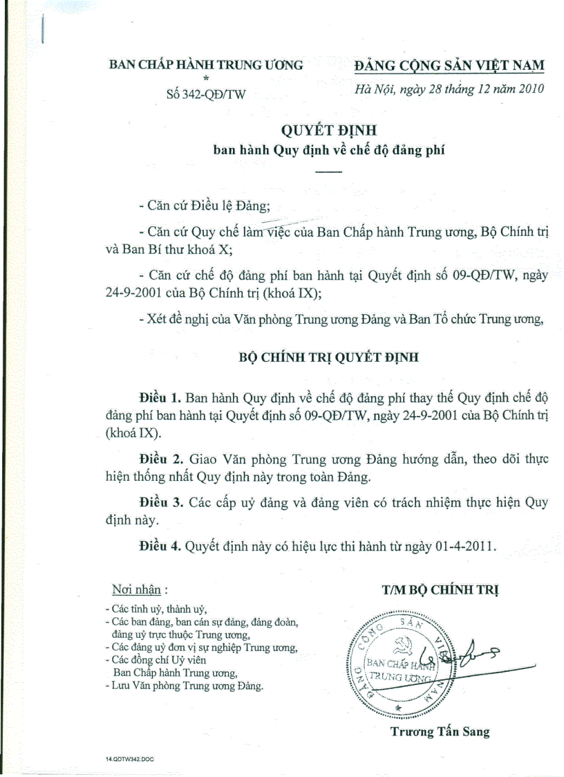 QĐ342 2010 của Bộ Chính trị về thu Đảng phí