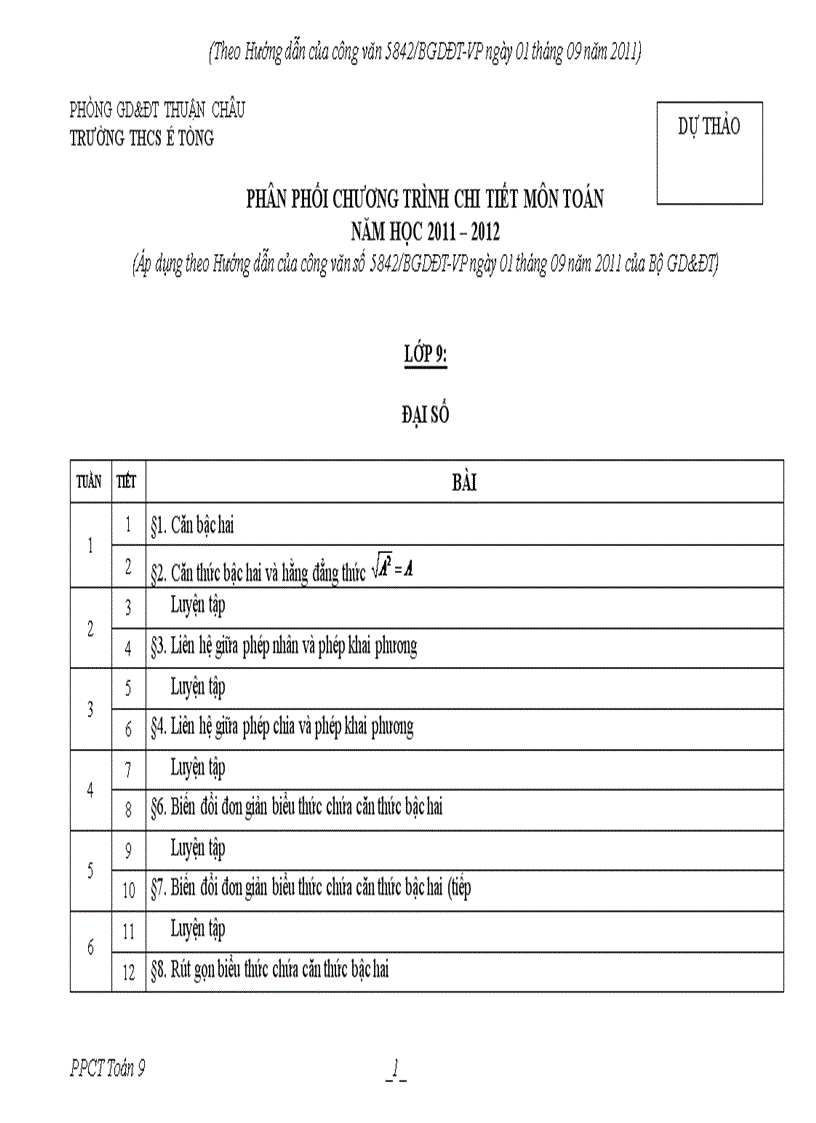 Ppct môn toán 9 điều chỉnh