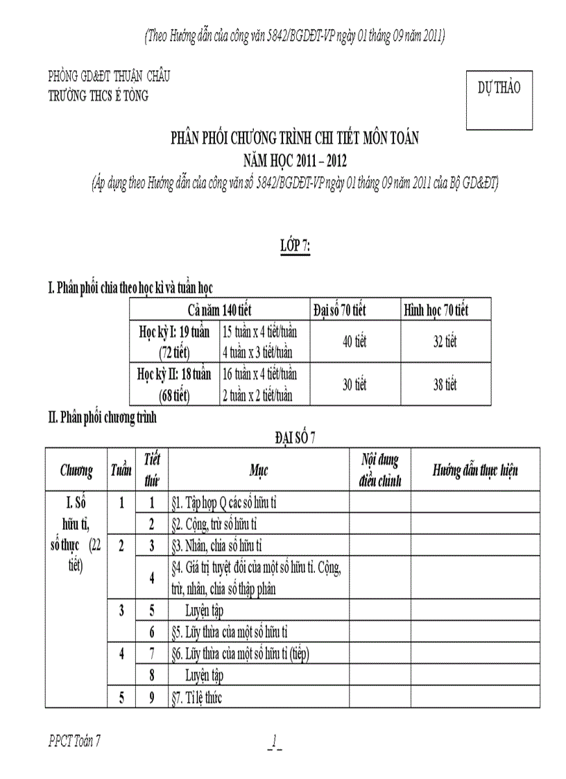 Ppct môn toán 7 điều chỉnh