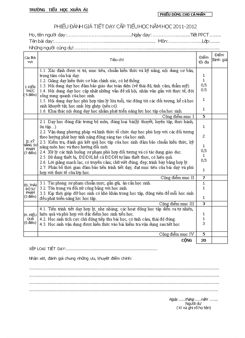 Phiếu đánh giá tiết dạy của tiểu học TH Xuân Ái Văn Yên Yên Bái
