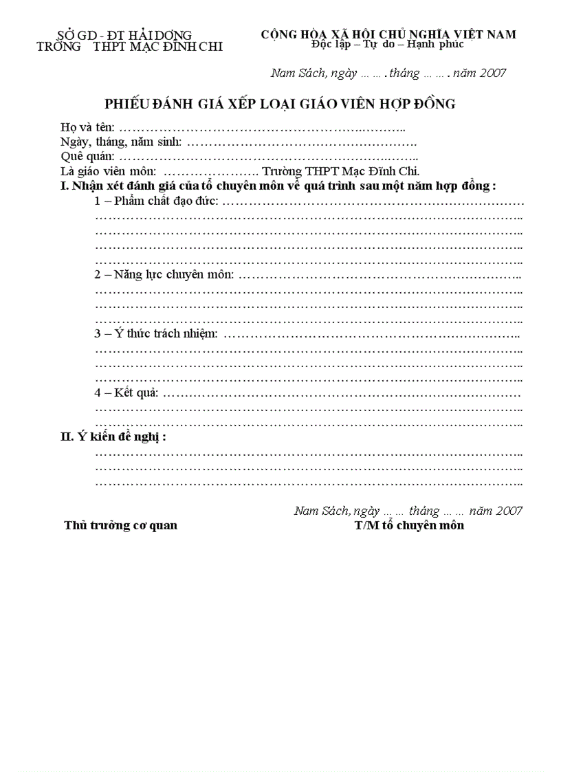 Phiéu đánh giá xếp loại GV hợp đồng