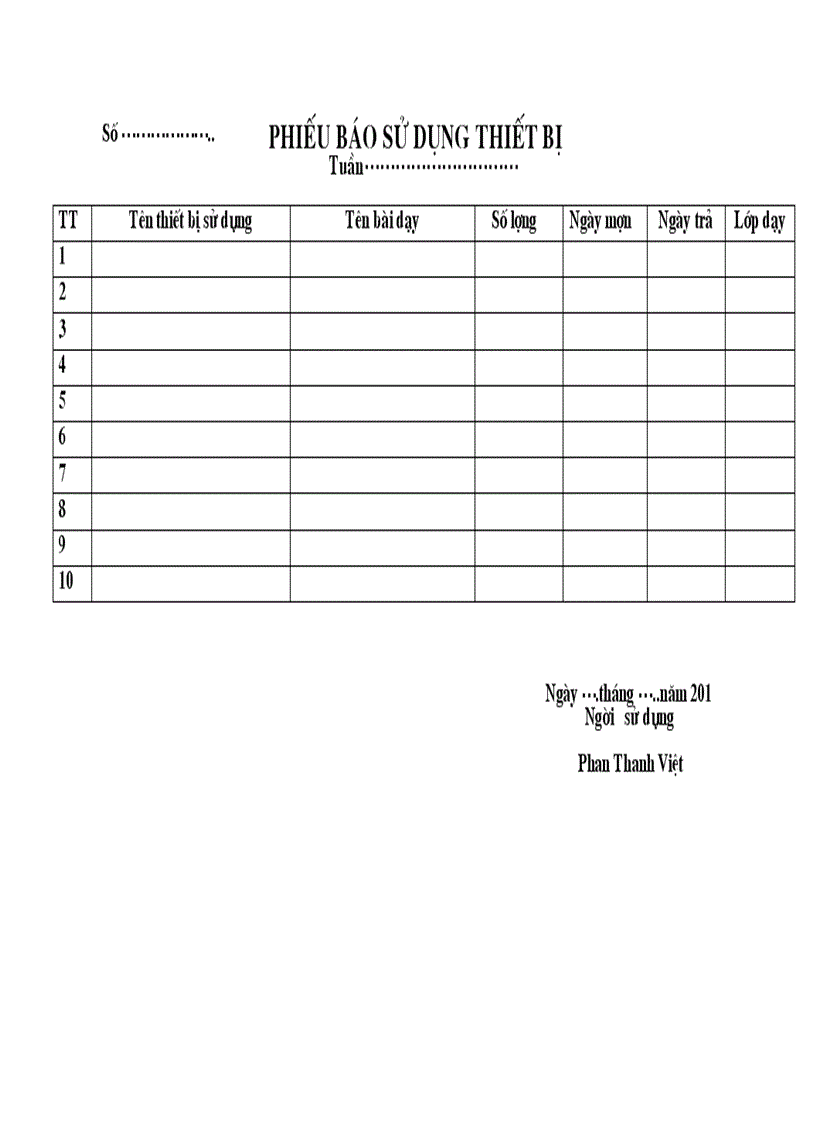 Phiếu mượn thiết bị dạy học