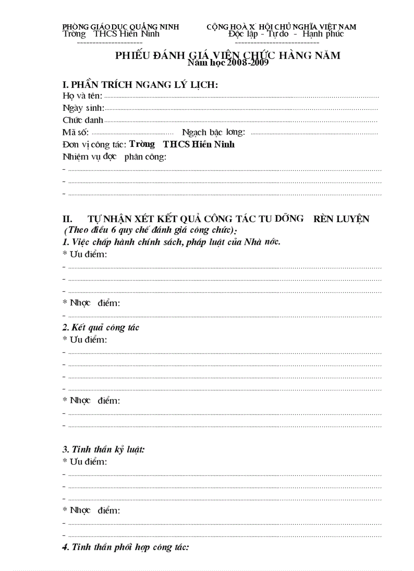 Phiếu đánh giá công chức 2009
