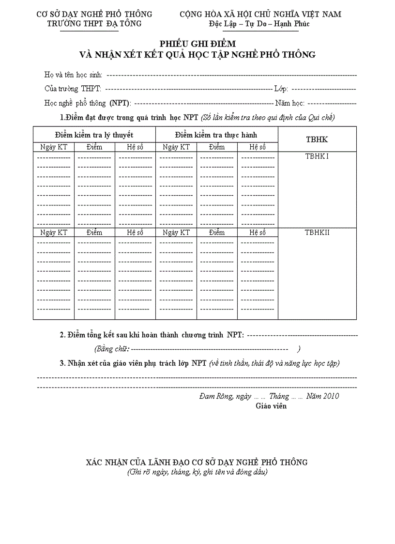 Phiếu điểm nghề PT