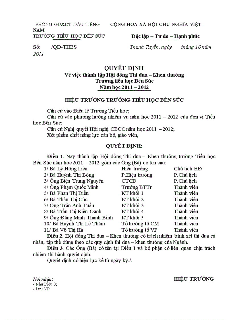 QĐ thành lập Hội đồng bình xét thi đua 11 12