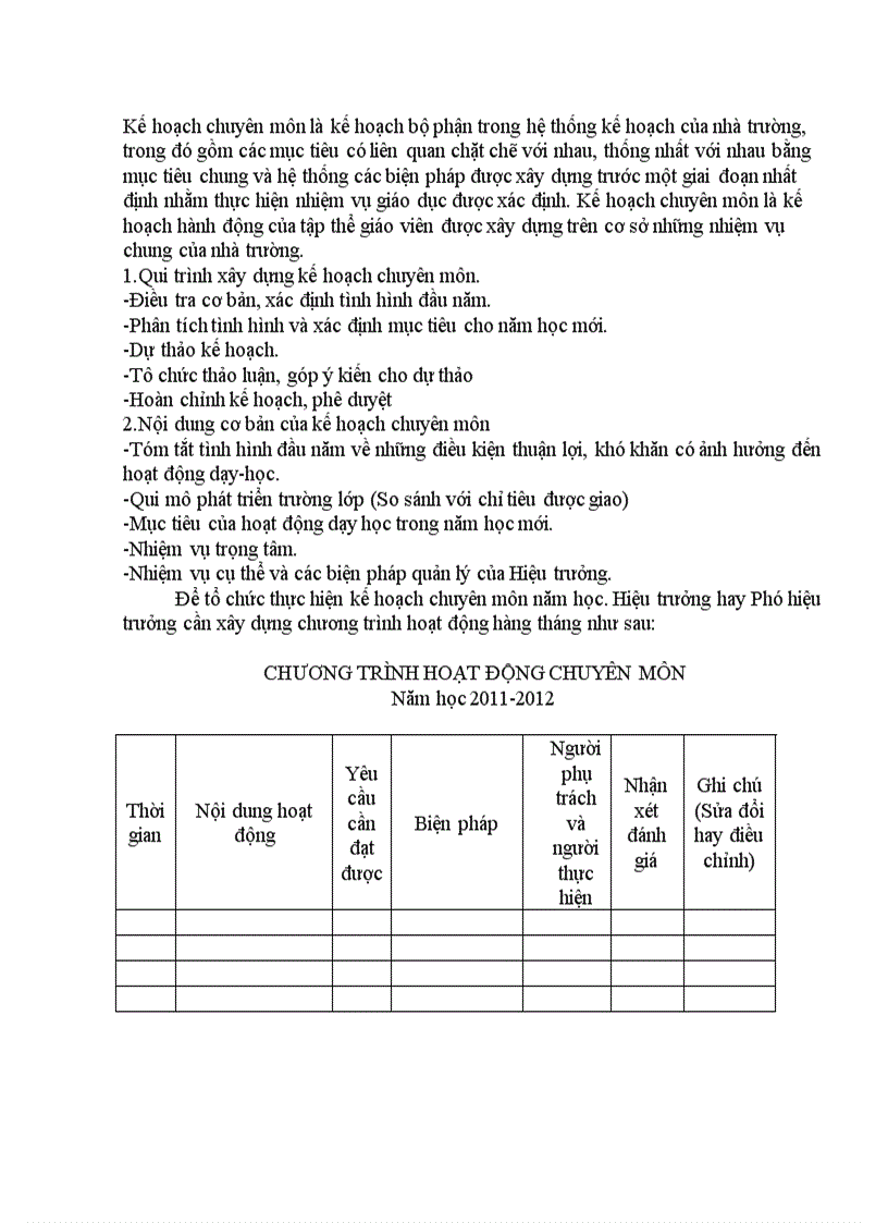 Nội dung kế hoạch chuyên m6n của trường