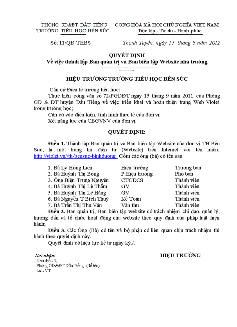 QĐ thành lập BBT Website
