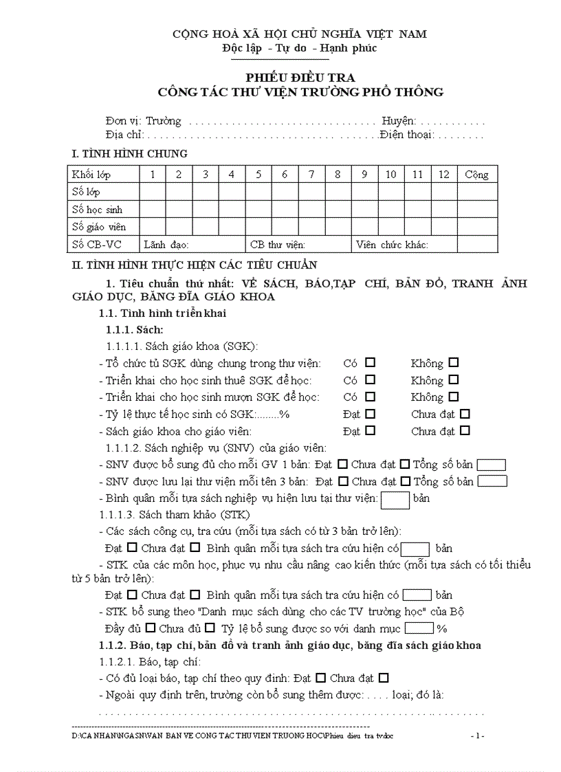 Phiếu điều tra Thư viện trường học