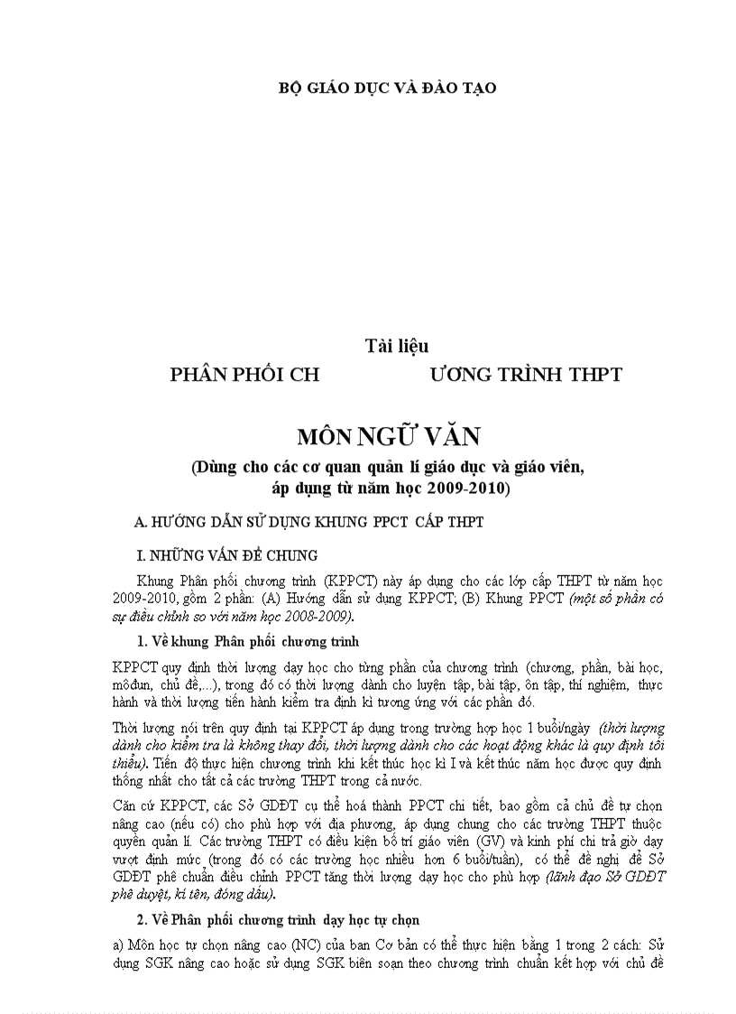 Phân phối chương trình môn Ngữ Văn áp dụng từ 2009 2010