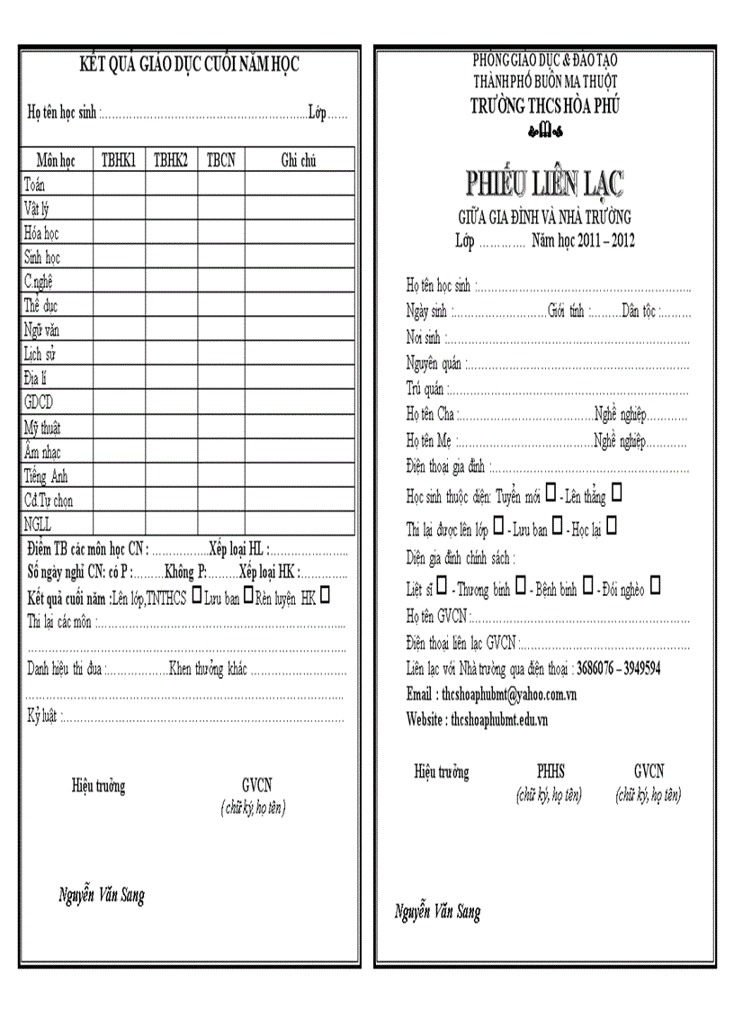 Phiếu Liên Lạc năm học 2011 2012