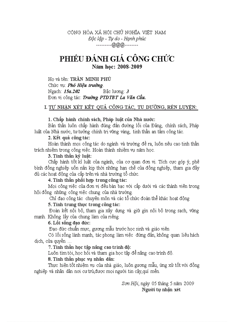 Phiếu đánh giá công chức trần minh phú