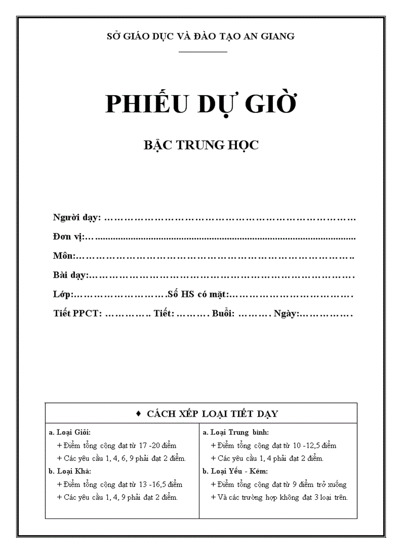 Phiếu dự giờ Sở GD ĐT An Giang