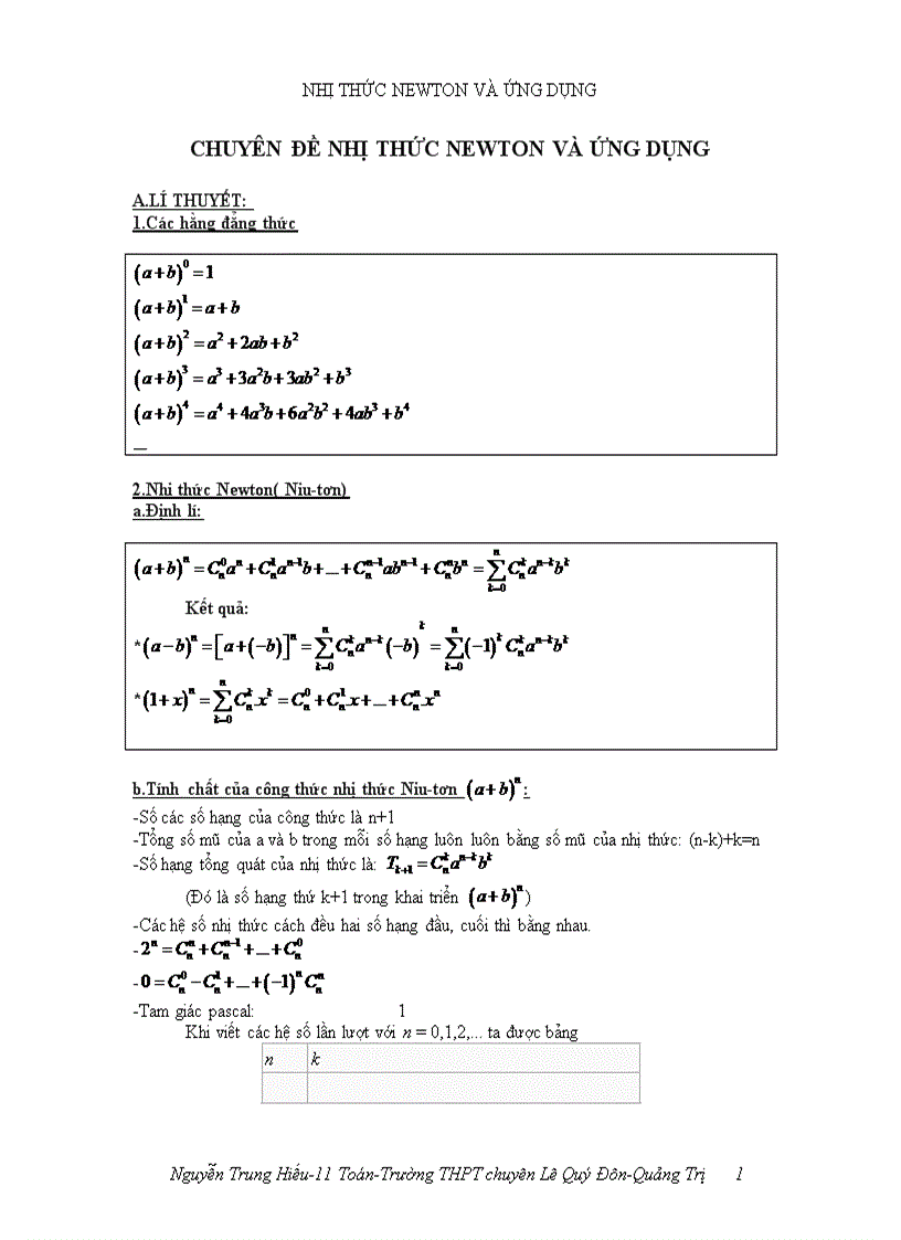 Nhị thức Newton và ứng dụng