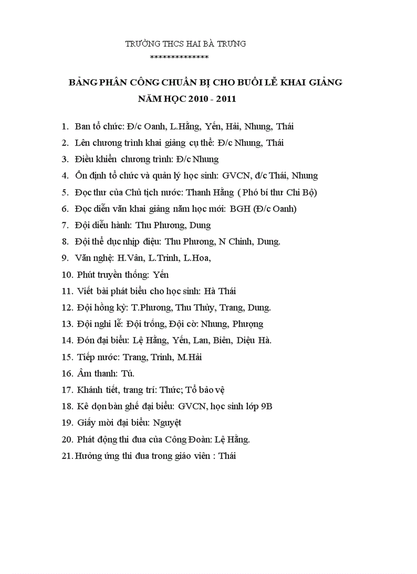 Phân công chuẩn bị khai giảng năm học 2010 2011