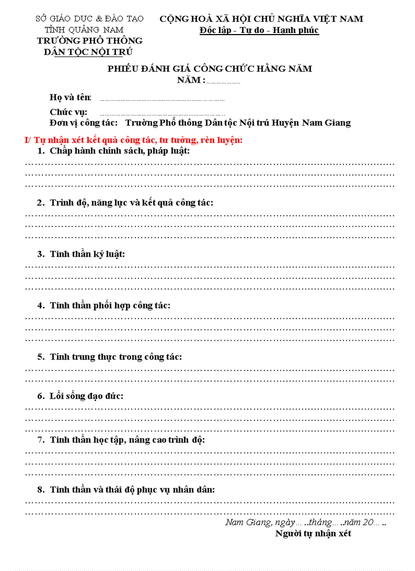 Phiếu đánh giá công chức hằng năm mẫu 01