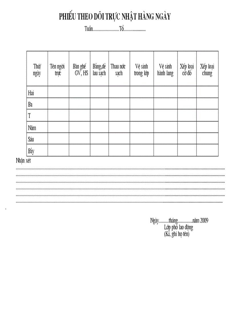Phiếu theo dõi trực nhật