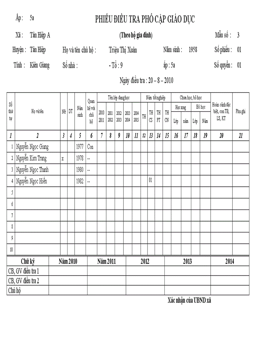 Phiếu điều tra phổ cập THCS mẫu