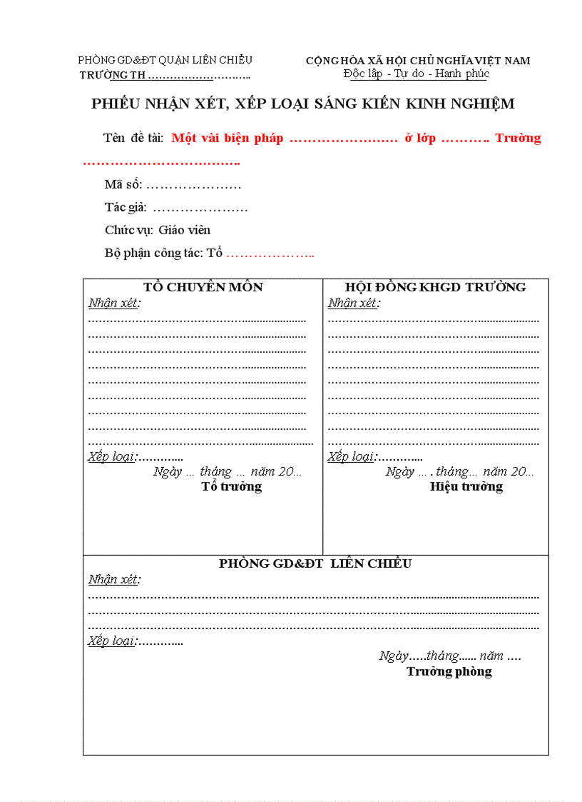 Phiếu nhận xét Sáng kiến kinh nghiệm