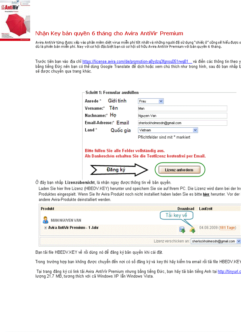 Nhập key bản quyền 6 tháng cho Avira Antivi Premium