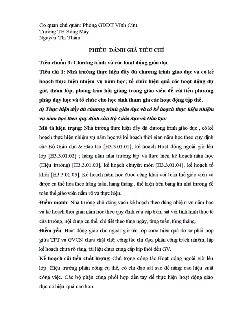 Phiếu đánh giá tiêu chuẩn 3 tiêu chí 1 KĐCL