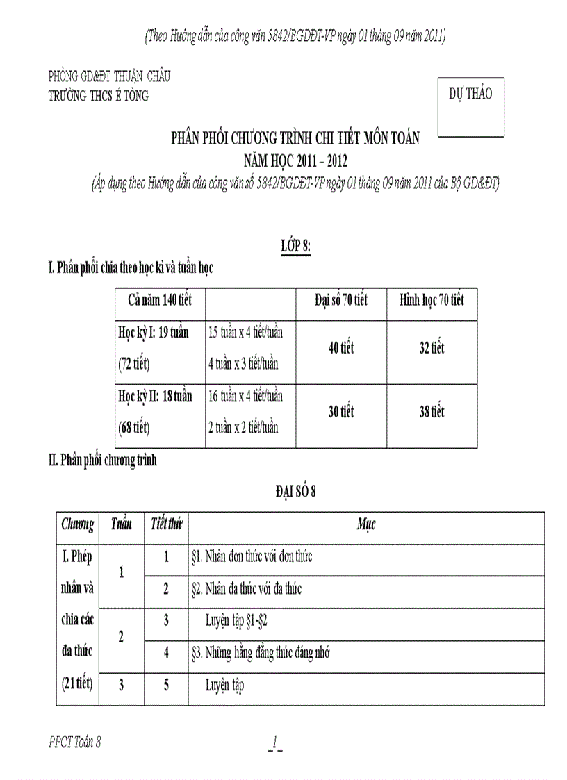 Ppct môn toán 8 điều chỉnh