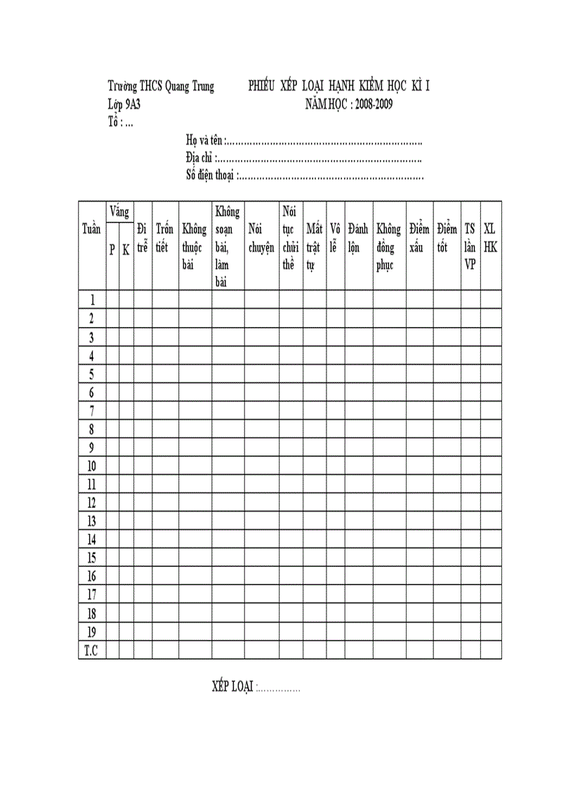 Phiếu XL Hạnh kiểm Học kì