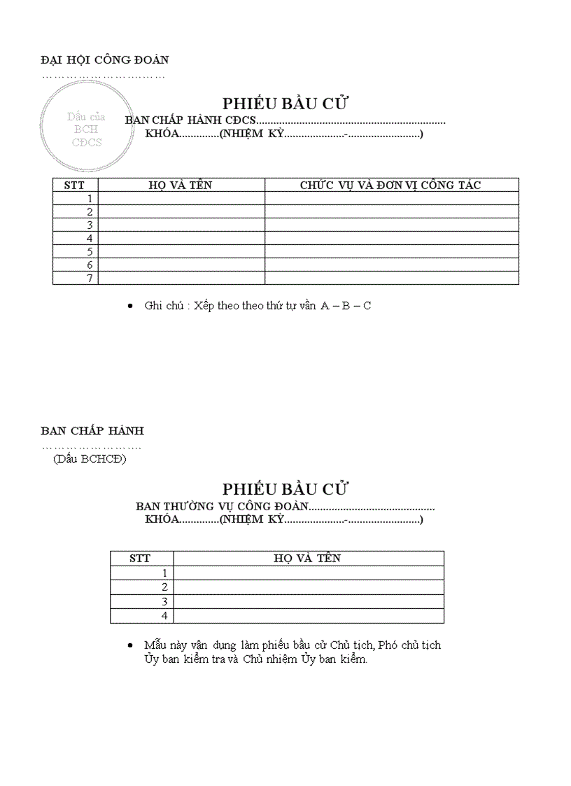 Phiếu bầu BCH CĐ