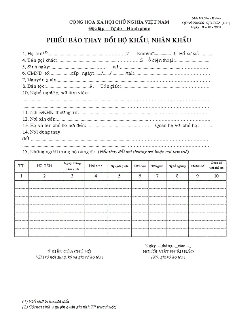 Phiếu báo thay đổi hộ khẩu nhân khẩu
