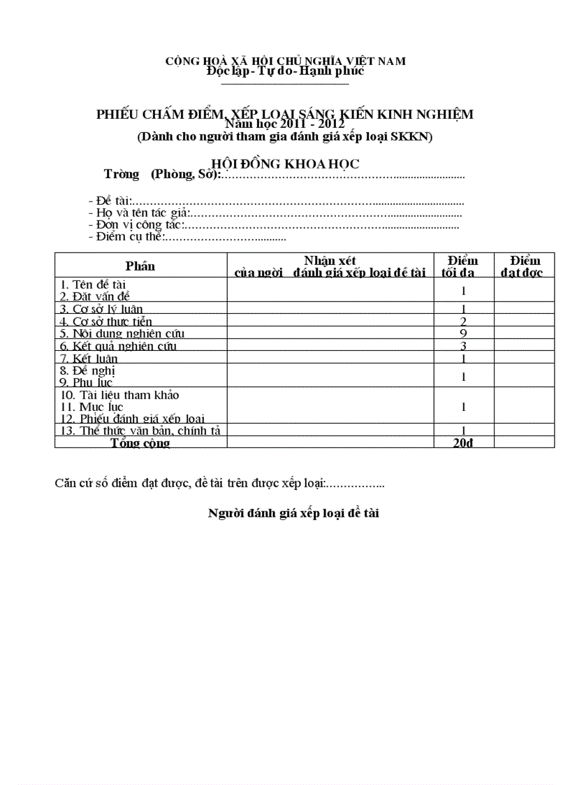 Phiếu chấm điểm xếp loại SKKN