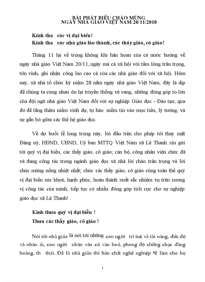 Phát biểu của lãnh đạo xã nhân ngày 20 11